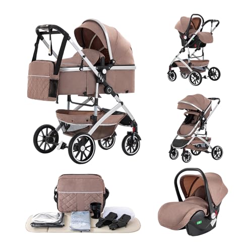Kakbgee 3 en 1 Cochecito de Bebé, Sistema de Viaje, Carrito Bebé Plegable con Un Solo Clic, Silla de Paseo, Capazo y Asiento de Cochecito con Mosquitera, Silla de Coche Alto para Recién Nacido 0-4Años