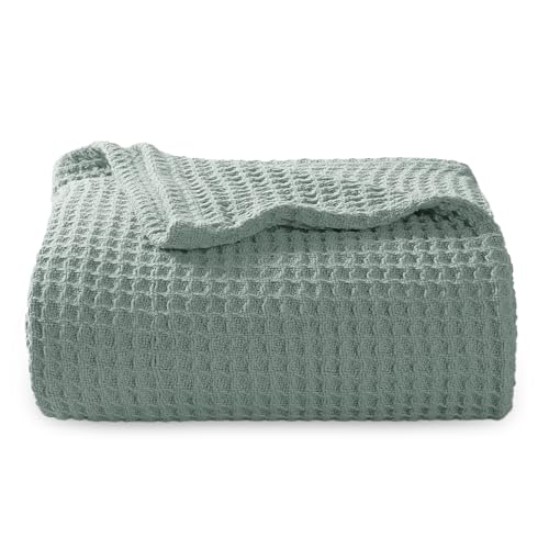 Bedsure Gentlesoft 100% Cotton Blanket Twin XL Size for College Dorm - Cooling Breathable and Soft for Summer, Waffle Weave Twin Blanket for Bed, Dorm Room Essentials, Sage Green, 66x90 inches