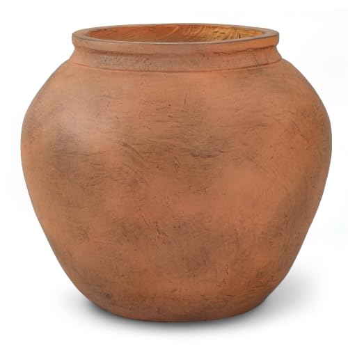 YATDDES 12" H x 14" Dia Distressed Terracotta Fiberstone Planter with Drainage Hole, Lightweight Decorative Flower Pot for Trees & Houseplants, Indoor Outdoor Patio, Porch, Garden & Entryway Décor