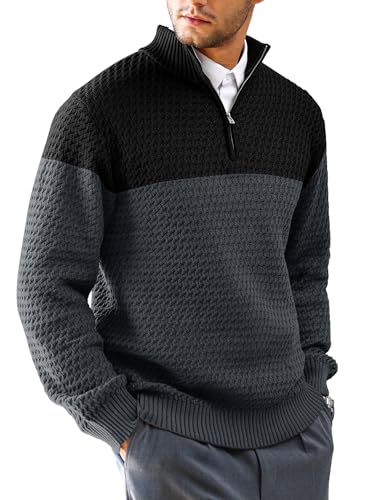 Zaitun Men's Quarter Zip Knitted Jumper, Mock Neck Long Sleeve Casual Pullover Top Warm Comfortable Slim Fit Winter Sweater for Men Black and Dark Grey M
