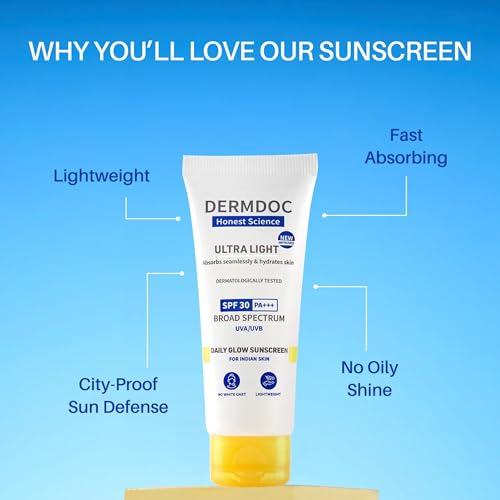 Image of DermDoc All By Purplle Ultra Light Spf 30 Pa+++ Daily Glow Sunscreen (50Gm) | Sunblock | Lightweight | Non-Greasy | 0 White Cast