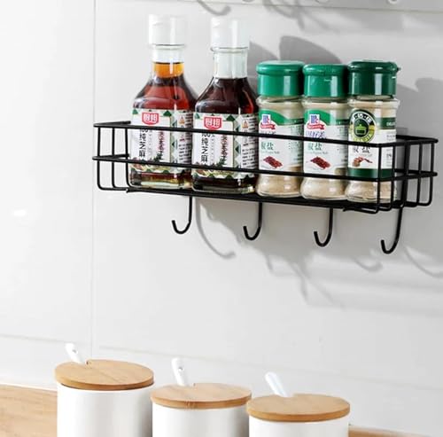 Image of Arena Steel Self-Adhesive Multipurpose Bathroom Shelf with Hooks /Towel Holder /Rack /Bathroom Accessories-Wall Mount - Pack of 4 (White)