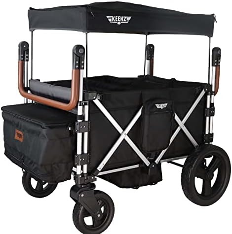 Keenz 7S+ Ultimate 4-Passenger Baby Toddler Wheeled Stroller Wagon w/Foldable Frame, Harnesses, Canopy Cover, Cooler Basket, & Storage Pockets, Black