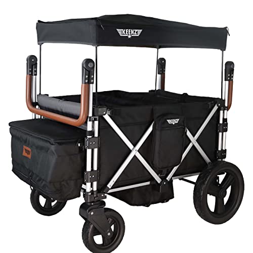 Image of Keenz 7S+ Ultimate 4-Passenger Baby Toddler Wheeled Stroller Wagon w/Foldable Frame, Harnesses, Canopy Cover, Cooler Basket, & Storage Pockets, Black