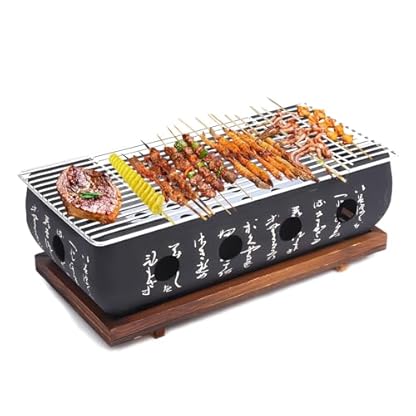 Tissting Japanischer BBQ Grill, 36x18x13cm Mini Holzkohle Tischgrill mit Gitter und Holzbasis, Rechteckig Tragbarer Japanisch Holzkohleofen Campingkocher für Yakiniku, Takoyaki, Aal Teriyaki