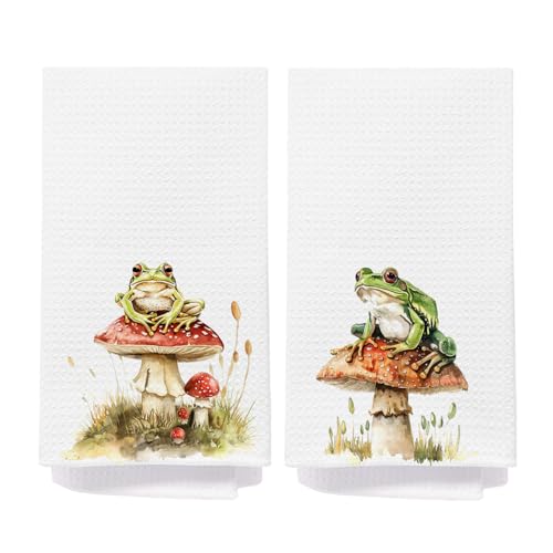 IAFQWDS Frog Mushroom Bathroom Decor Hand Towels, Farmhouse Cottagecore Dish Tea Towels, Frog Gifts for Women, Rustic Botanical Red Mushroom Hand Towel for Bathroom Kitchen, 16x24 Inch Set of 2