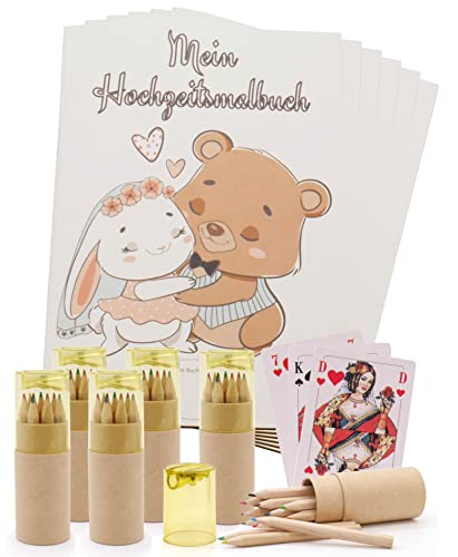 BO LIFE Hochzeitsmalbuch Set für Kinder. Zur Beschäftigung der kleinen Hochzeitsgäste auf ihrer Hochzeit. 6x Malbücher, 6x 12 Buntstifte mit Box und Anspitzer im Deckel und einem Kartenspiel Cover