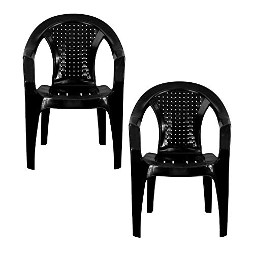 Plastic Garden Chairs - BLACK Set of 2 - Stackable with Woven Detail Low Back Design - Indoor or Outdoor Use - Suitable for Patio Parties Picnics or Camping.