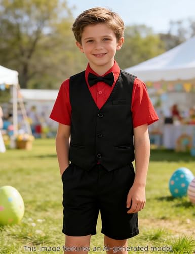 Image of A&J DESIGN Boys Short Suit Set 3 Pieces Kids Formal Gentleman Outfit, 4-11 Years, Shirt + Vest + Shorts + Bow Tie