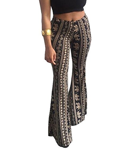 Jaycargogo Women Boho Print Stretch Bell Bottom Flare Palazzo Pants Trousers 1 XXS