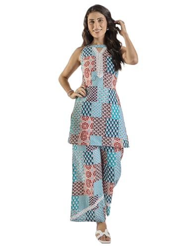Image of Women's Floral Printed Kurti and Palazzo Set | Sleeveless Ethnic Co-Ord Set