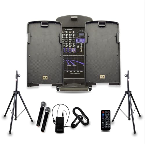 MUSYSIC PA Speaker System with 2000W Amp & Wireless UHF Microphone System-Rechargable pa System and 5 Ch Mixer wtih Power Amplifier for PA Systems- DJ & Portable Sound System-Bluetooth speaker-10