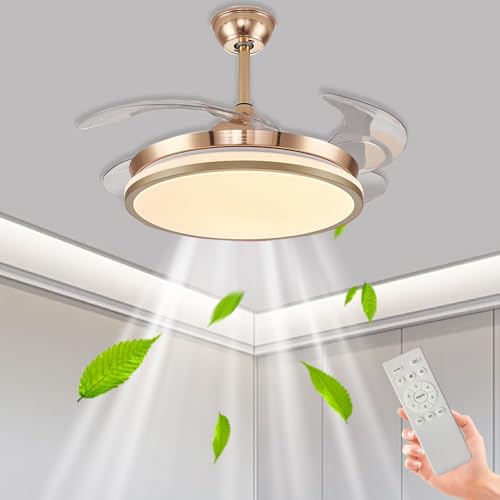 LASANYA Ventilador De Techo Con Luz Aspas Retráctiles, Lampara Ventiladores Grande Para Techo Salon Silencioso, Lámparas De Habitación Con Ventilador Modernas Verano Invierno Regulable-Dorato