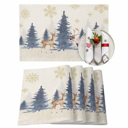 Christmas Placemats Set of 6 Reindeer Place Mats Xmas Tree Placemat Washable Golden Snowflake Deer Table Mats for Dining Kitchen Holiday Dinner Party Home Decor 13x19 Inch