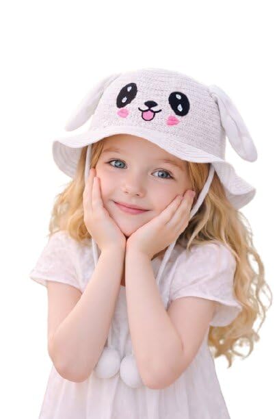 Image of FabSeasons Kids Cute Straw Sun Hat with Moving Ears (Ages 4-8 Years) | UV Protection, Wide Brim, Foldable, Beach Bucket Cap | Girls & Boys Breathable Summer Sun Hat with Inner Adjustable String