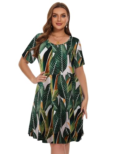 Image of LARACE Women's Plus Size Summer Dress Short Sleeve Casual Pleated Swing Midi Dresses with Pockets
