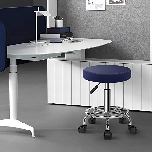 KKTONER PU lederen ronde rollende kruk met voetsteun draaibare hoogte aanpassing spa opstellen salon tattoo werk kantoor massagekrukken taakstoel (blauw) - Afbeelding 3