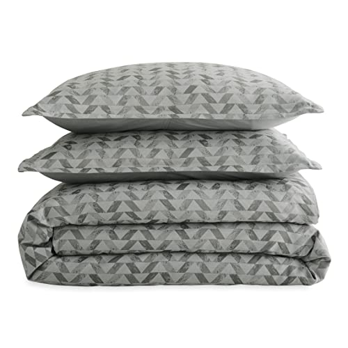 Scott Living Flynn Jacquard Cotton Sateen 3-Piece Duvet Cover And Sham Set | Full/Queen | Harbor Mist Gray Geometric | Designer Home Bedding | All Season | Modern | Sustainable | Breathable | Durable #TOP4
