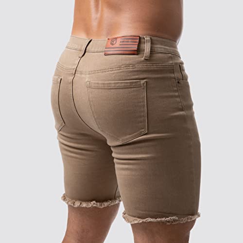 Born Primitive Flex Stretchy Jorts - Jean Shorts For Men – Denim Shorts Feel With Spandex Stretch – Pre-Frayed Cotton-Mix Blue Jean Leisure Or Workout Shorts - Khaki, Extra Large #TOP2