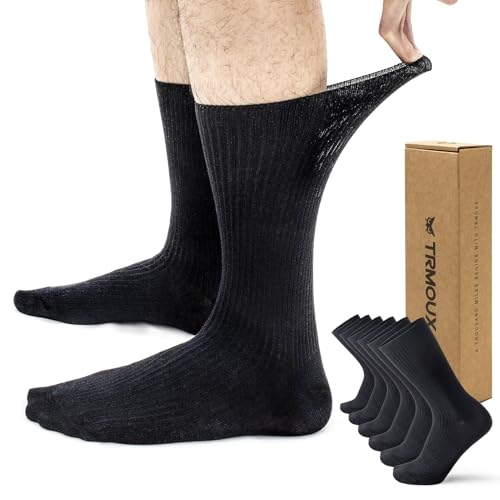 Dress Crew Socks Diabetic Socks for Men & Women Extra Wide Non-Binding Super Soft Modal Blend Thin Black Socks, 6-Pack