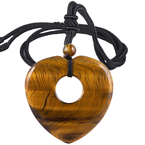 Sunyik Natural Tiger's Eye Stone Love Heart Crystal Lucky Coin Pendenat Necklace For Women Men, Healing Crystal Amulet Jewelry For Unisex, Heart Shaped, Adjustable 18''-28'' Strand #TOP4