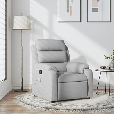 KHNLGFR Manual Recliner Chair with Side Pocket, 6-Point Vibration Massage Recliner Light Grey Fabric, 135-Degree Tilt Wood and Metal Frame