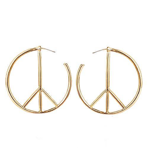Peace Sign Symbol Geometric Stud Earrings Jewelry Minimalist Big Round Hoop Statement Earrings for Women (Gold)