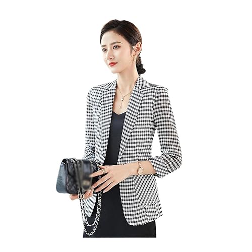 Women Black White Plaid Blazer Jacket Spring Elegant Casual Office