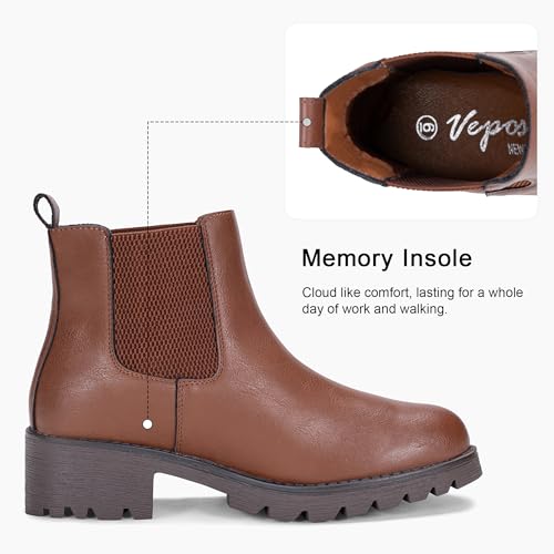 Image of Vepose Women's Chelsea Ankle Boots Pull-On Low Heel Booties 9607 | Flat short boots with elastic side, round toe for casual daily