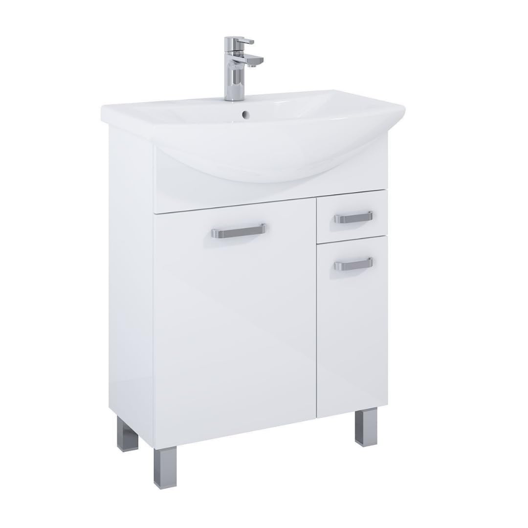 VBChome Badmöbel 66x44x84 cm Weiß Waschbecken mit Hahnloch Badezimmerschrank 2 Türen 1 Schublade Soft Close System Modern