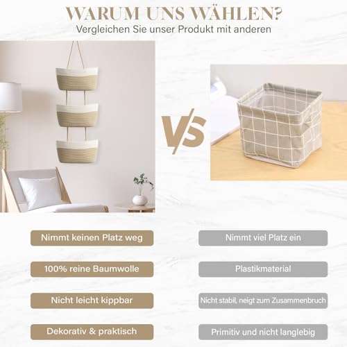 TeoKJ Hängekorb für die Tür, 3-stöckig, gewebte Baumwolle, Wandmontage, Organizer, Tasche, dekorative hängende Küchenkörbe – Weiß + Jute