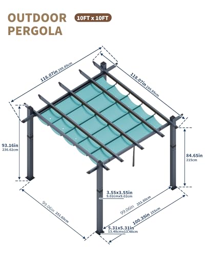 Image of KYBOLT 10x10 Ft Outdoor Pergola Metal Gazebo with Retractable Canopy for Backyard Deck Patio Porch Grape Trellis(Blue)