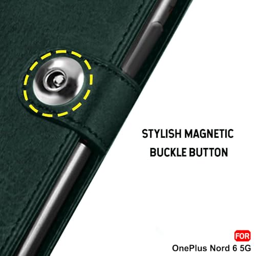 Image of TheGiftKart Genuine Leather Finish Flip Back Cover Case for OnePlus Nord 6 5G / CE 6 5G | Inbuilt Pockets & Stand | Wallet Style | Designer Button Magnet Flip Back Cover Case (Faux Leather, Green)