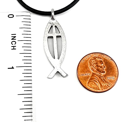 FORGIVEN JEWELRY Jesus Fish Large Ichthus Cross Antique Silver Finish Pendant Black Cord Necklace3