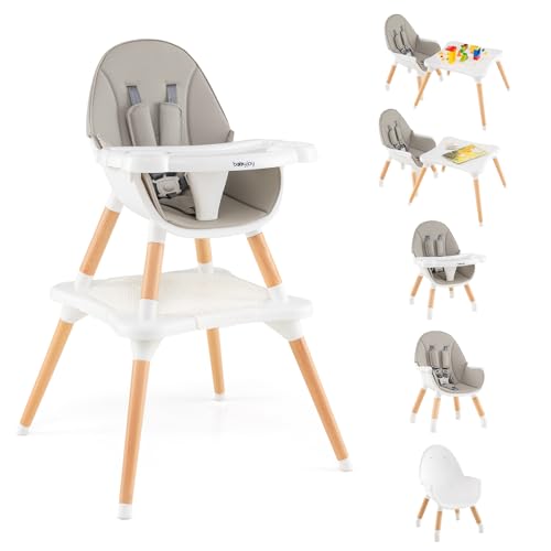 Image of BABY JOY 6 in 1 High Chair, Convertible High Chairs for Babies and Toddlers/Booster Seat/Table and Chair Set, Infant Wooden Highchair w/ 5-Point Harness, 4-Position Removable Tray & PU Cushion (Gray)