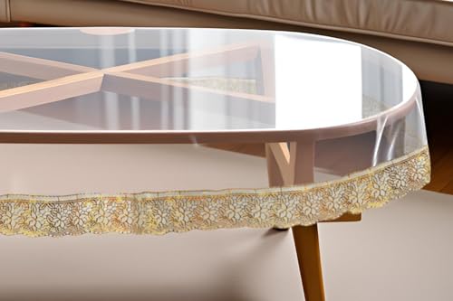 Image of The Furnishing Tree Oval Shaped Center Transparent Table Cover WxL 40x60 inches 0.25 mm Thickness with Golden Lace