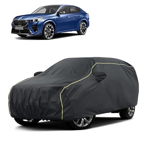 Image of Sulfar 100% Water Resistant Car Body Cover Compatible with Mirror for BMW X2 (Triple Stitched, Full Bottom Elastic, Dark Grey Taffeta with Yellow Piping)