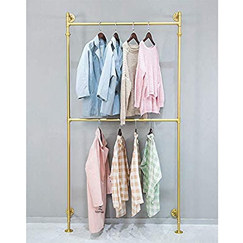 Ethemiable Clothing Store Industrial 2-Tier Display Stands, Entrance Porch Organization Hanging Garment Rack,Wall Mounted Storage Clothes Pipe Shelf, Home Towel Rack (Gold)