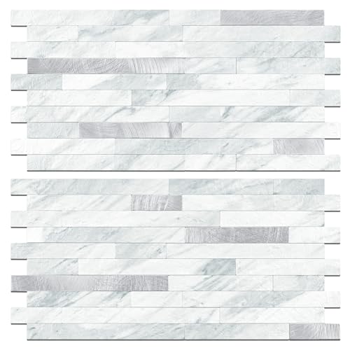 STICKGOO 2 Sheets Peel and Stick Backsplash Tile, Stick on Backsplash for Kitchen and Bathroom, Volakas White Look PVC Mixed Metal Silver Self Adhesive Wall Tiles 2 Volakas White + Metal Sil