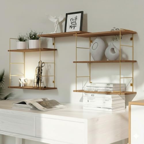 Image of DIY Floating Wall Shelves for Living Room Wall Mounted, Kitchen, Bathroom accsessories & Kidsroom | Wooden & White Shelf for Home Office Books, Plants - Golden Frame