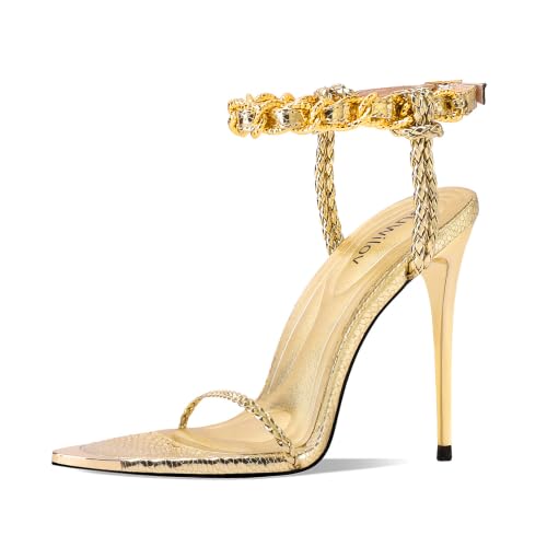 Image of Gold Strappy Stiletto Heels for Women Metallic Ankle Strap Open Toe High Heel Sandals Elegant Dress Shoes for Wedding Party Prom and Evening Events