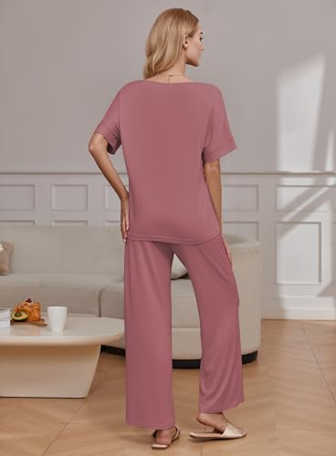 Image of Ekouaer Pajama Sets for Women 2 Piece Lounge Set Short Sleeve Tops and Long Pants Soft Comfy Pjs Sleepwear Outfits S-XXL
