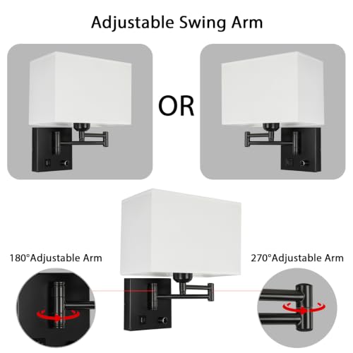 Image of Plug in Wall Lamp for Living Room Bedroom Bedside, Bulb Included | Wall Sconce with USB C+A Charging Ports, Adjustable Swing Arm 270, Adjustable Color Temperature, White Square Lampshade