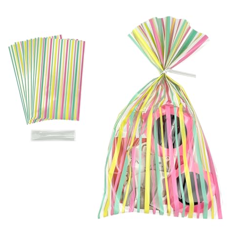 EKAPACKAGING 50Pcs 5x7 Inches Cellophane Treat Bags with Pink Ribbons, Pink Heart Pattern Gift Bags, Small Valentine's Day Goodie Bags for Candy, Marshmallow Pops, Cake Pops, Party Favors