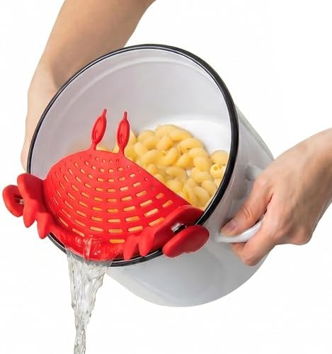 OTOTO Crab Clip-On Strainer - Silicone Pasta Strainer with Stainless Steel Tongs - Unique Kitchen Gadgets, Cooking Gifts for Women, Kitchen Essentials, Funny Gifts, Kitchen Accessories - (Crabby)