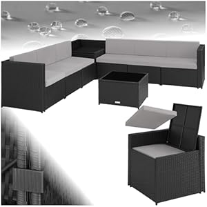 tectake Polyrattan Gartenlounge, frei zu gruppierende Balkon Möbel, Gartenmöbel Set mit einem Beistelltisch Outdoor, inkl. Auflagenbox und Sitz- und Rückenkissen - schwarz