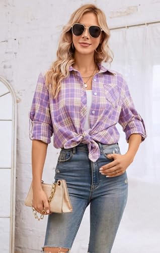 Image of SANGTREE Women and Girls Long Sleeve Flannel Casual Button Down Plaid Shirt