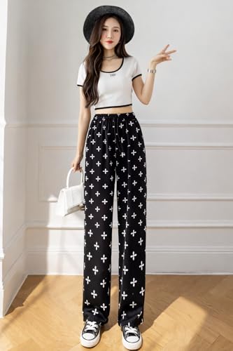 Image of Celary Women's Printed Palazzo Pants - Silk Blend High Waist Wide Leg Trousers | Elastic Waist Relaxed Fit Casual Flowy Pants for Travel, College, Office