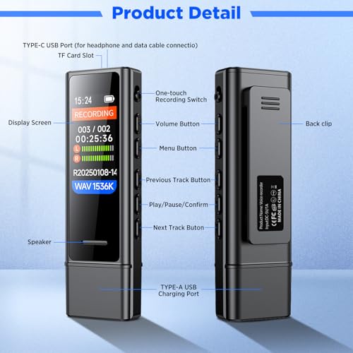 Snorthy 64 GB Digitaler Sprachrekorder, HD-Diktiergerät mit Zwei Mikrofonen und Geräuschunterdrückung, tragbares USB-C-Aufnahmegerät mit 1,47-Zoll-Farbbildschirm und externen Kopfhörern