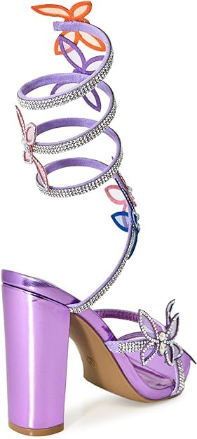 Wild Diva Embellished Rhinestone Butterfly Spiral Coil Wrap Around Chunk  Heel Morris-581A (Purple Metallic PU, US Footwear Size System, Adult, Women